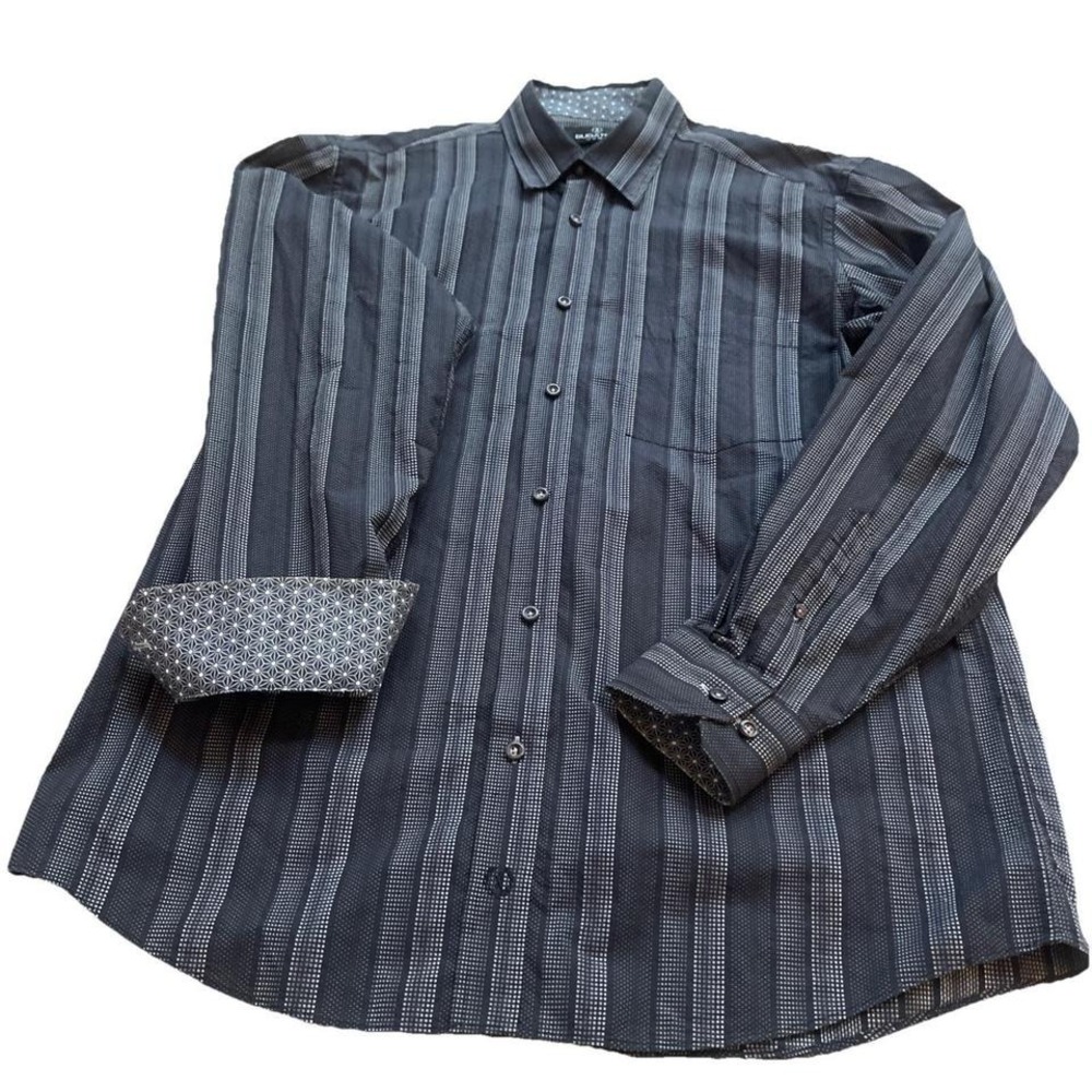 Bugatchi Uomo Men's Size Large Button Up Dress Shirt Black Gray Stripe Pattern